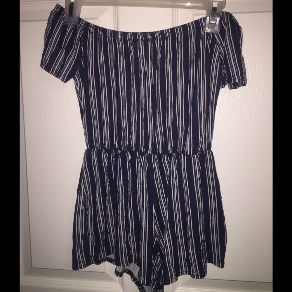 Off the shoulder romper navy blue pinstripes